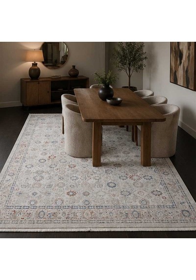 Otantik Modern Eskitme Saçaklı Dokuma Salon Halısı Krem Mavi Kiremit 200x290 Cm 1
