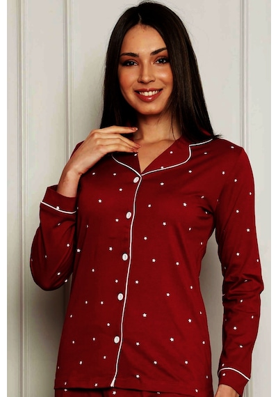 Alimer Kadın Bordo Yıldız Desenli Boydan Düğmeli Pijama Takımı EDY2576UY Bordo