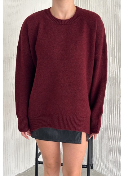 Femelle Kadın Bordo Standart Beden Oversize Basic Triko Kazak - 357bnd