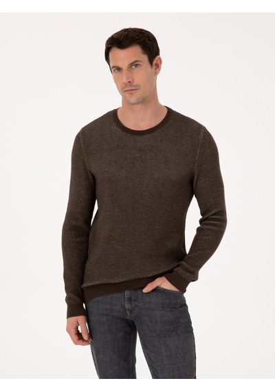 Cacharel Kahverengi Slim Fit Pamuk Karışımlı Bisiklet Yaka Triko Kazak