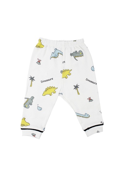 Bebegen Unisex Ekru Renkli Dinazor Desenli Kruvaze Yaka Pijama Takımı Çok Renkli