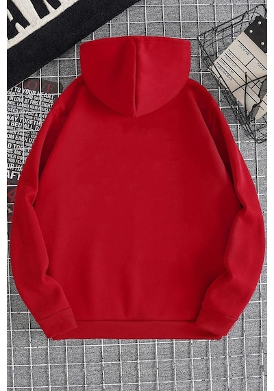 Uyguntarz Cartoon Graphic Thermal Lined Drawstring Sweatshirt Kırmızı