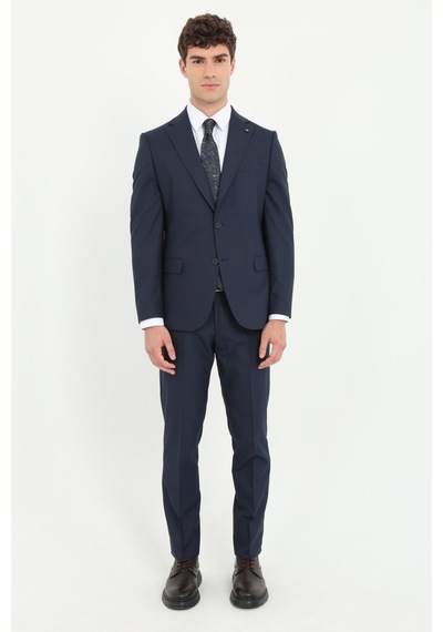 Dufy Erkek Slim Fit Mono Yaka Lacivert Armürlü Takım Elbise-26168