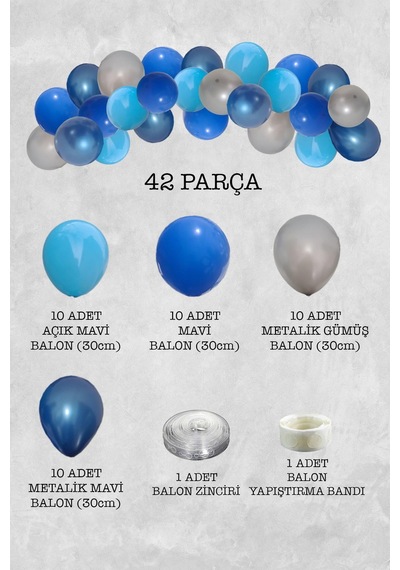 Metalik Mavi Gümüş Balon Zinciri 42 Parça Tüm Yaşlar