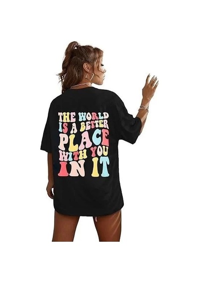 Kadın Bisiklet Yaka Baskılı T-shirt - Siyah Siyah