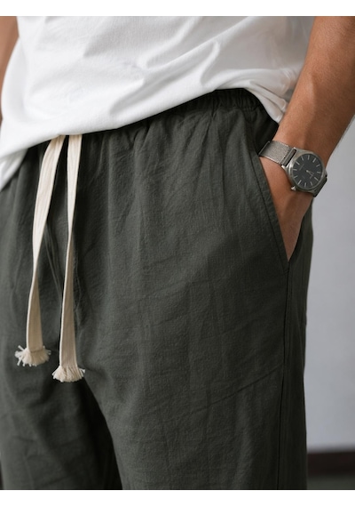 Danger Erkek Baggy Kalıp Beli Lastikli Pamuk Keten Görünümlü Pantolon Haki 1007dngr