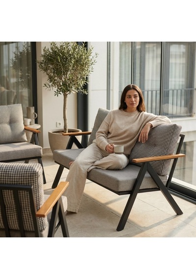 Venedik 2+1+1 Metal Balkon Takımı Keten Dokulu Kumaş Siyah Metal - Bahçe Teras Oturma Grubu