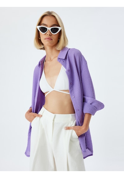 Koton Oversize Gömlek Dokulu Uzun Kollu Lila 4sak60179ew Lila