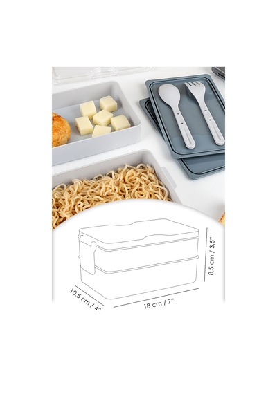 2 Katlı Kilitli Beslenme Kabı - Kendinden Çatal Kaşıklı Lunch Box Beslenme Kutusu Saklama Kabı Gri