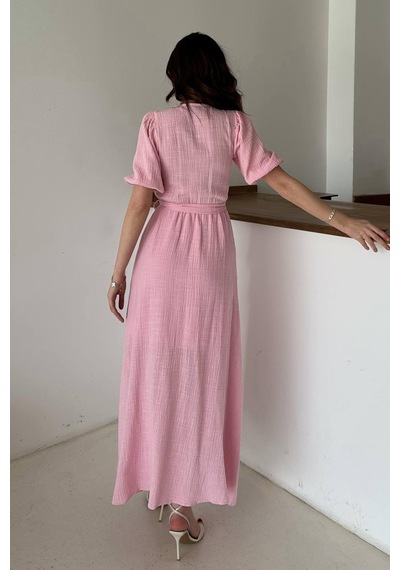Duygudan Pembe Kruvaze Yaka Müslin Keten Elbise - Pembe Çok Renkli