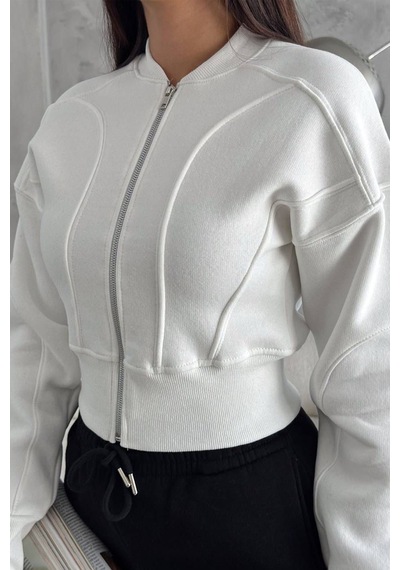 Noa & Noa Kadın Fermuarlı Fit Cropped Sweatshirt Sportif & Şehirli Stil Beyaz