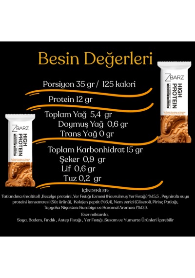 Zbarz Yer Fıstıklı Kurabiye Karamelli Yüksek Proteinli Bar 35 Gr 12 Li