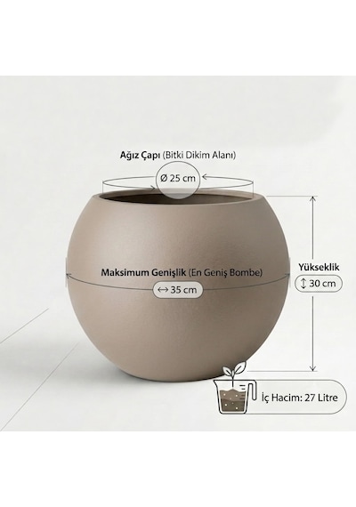 Zevli Dekoratif 27l Küre Saksı Ø35 Cm Sahra Kumu Özel İç Hazne Dahil, Beton Görünümlü Modern Salon Ve B Diğer