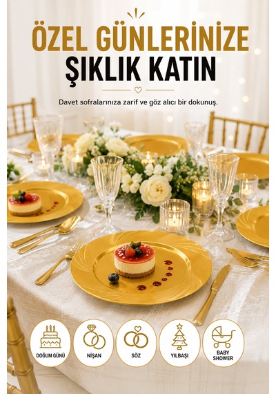 6'lı Gold Mika Plastik Tabak 23 Cm Kullan At Parti Davet Doğum Günü Nişan Söz Sunum Tabağı Seti