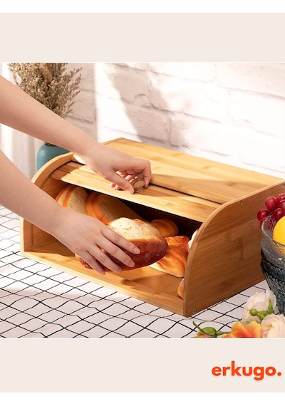 Bambu Ekmek Saklama Kutusu, Rulo Ekmek Kutusu, Ekmek Saklama Kabı, Ekmek Dolabı Kahverengi