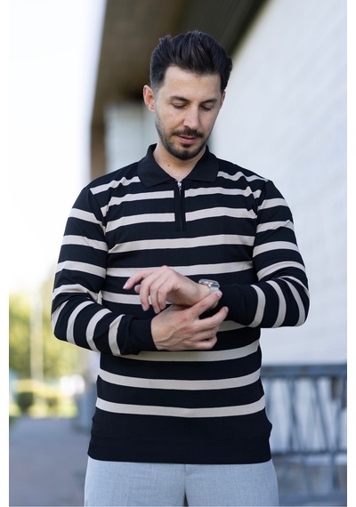 Hk Premium Kazak Fermuarlı Polo Yaka Çizgili Triko Sweatshirt Siyah