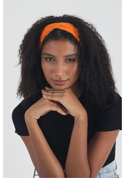 Butikgiz Siyah Kısa Kol Bisiklet Yaka Vücuda Oturan Kaşkorse Crop + Bandana Set %100 Pamumklu, Esnek Rahat Siyah-Turuncu