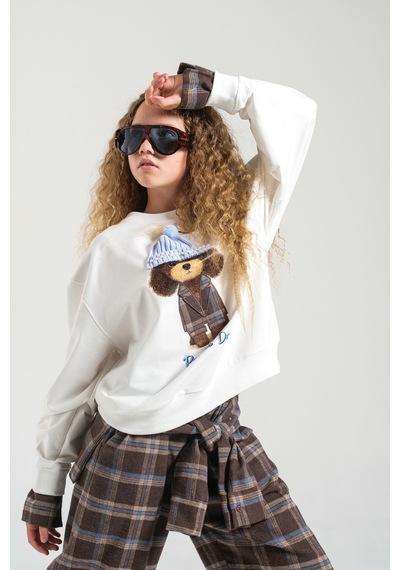 Loco Loco Ekru Şapkalı Köpek Baskılı Çocuk Sweatshirt