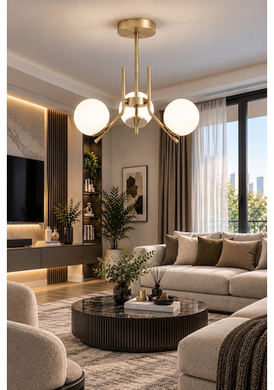 Aura Modern Tasarımlı 3'lü Eskitme Renkli Beyaz Camlı Salon, Mutfak, Oturma Odası Avizesi