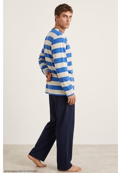 Siyah İnci Çizgi Desenli Pamuklu Örme Pijama Takım 8092 Saks Çizgi