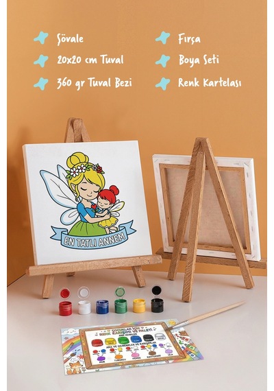 Çocuklar İçin En Tatlı Annem Boyama Tuvali Şövaleli Boya Seti 20x20 Cm