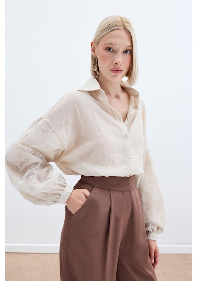 Sateen Nakış Detaylı Kraşlı Gömlek - Bej-136255 Bej