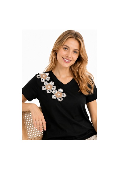 Cassime Kadın Siyah %100 Pamuk Regular/normal Kalıp Çiçek Nakışlı Örme T-shirt