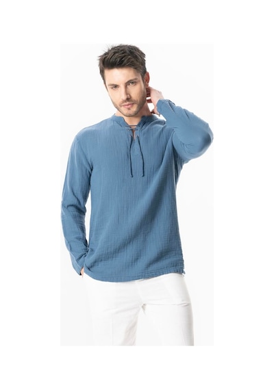Uzun Kol Doruk V Yaka Bağcıklı Müslin Erkek Yazlık Tshirt İndigo İndg Indigo