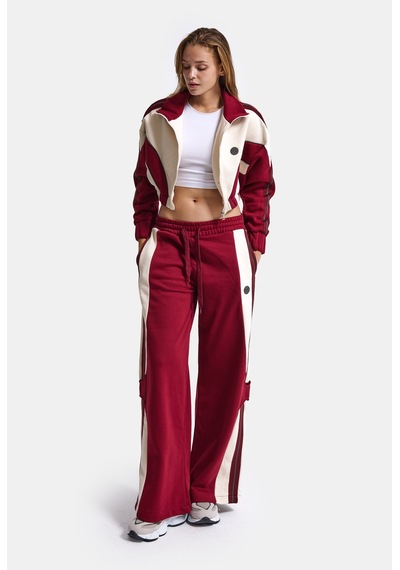 Kadın Bordo Bej W6-35 Crop Sweatshirt Eşofman Pantolon 2'li Tasarım Takım