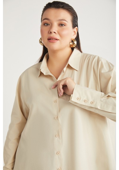 ETHIQUET AMARABB Kadın %100 Organik Pamuk Oversize Fit Poplin Manşetli Bej Büyük Beden Gömlek