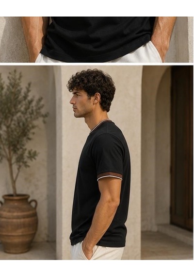 Ribana Erkek Kısa Kollu Bisiklet Yaka Şerit Detaylı Düz Renk T-shirt 4224 Siyah