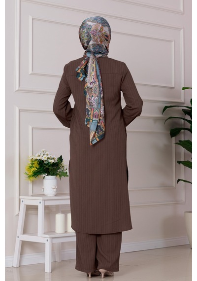 Sevitli Yırtmaç Detaylı Tunik Pantolon Takım-kahverengi-4861