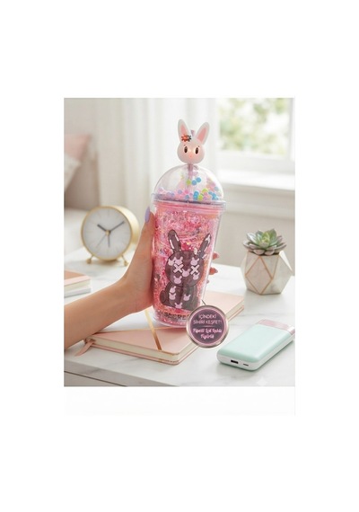 Çift Katlı İçecek Bardağı Led Işıklı Pipetli Kawaii Chibi Sevimli Tavşan Figürlü Suluk 450ml Kırmızı