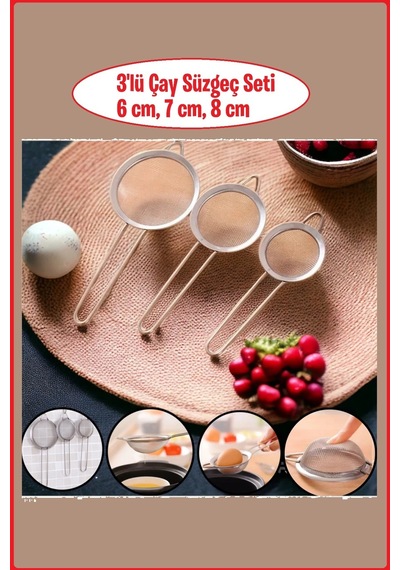 Paslanmaz Çelik Çay Süzgeç Seti 3'lü, 6-7-8 Cm Paslanmaz Çelik Diğer