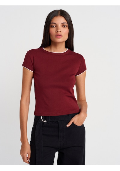 Dilvin 31750 Kontrast Kısa Kollu Tshirt-açık Bordo Açık Bordo