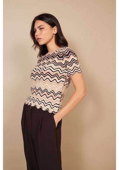 Zigzag Desenli Kısa Kol Bisiklet Yaka Triko Kazak CAMEL
