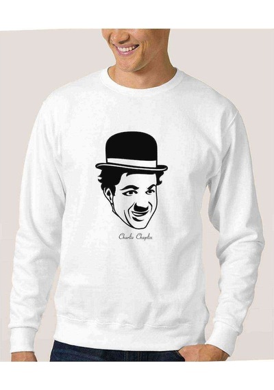 Charlie Chaplin Baskılı Beyaz Erkek Örme Sweatshirt (530952308)
