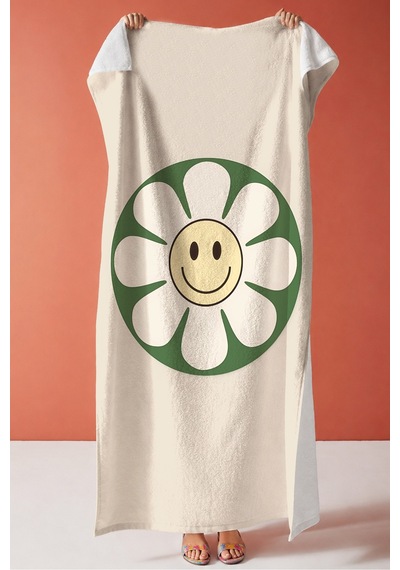 Papatya Motifli Smile Plaj Havlusu - Minimalist Bohem Yeşil Krem Hızlı Kuruyan Mikrofiber Havlu Sessiz Akasya