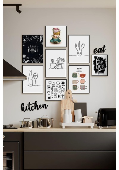 Çerçevesiz Cafe Mutfak Dekoratif Ahşap 10' Lu Mdf Kitchen Ve Eat Yazılı Tablo Seti Özc-mdf10s