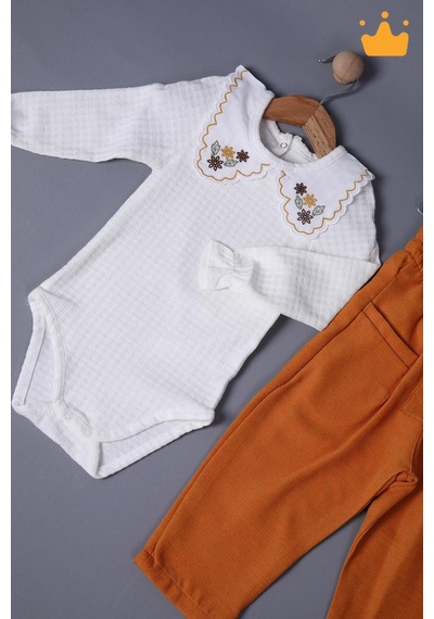 Babyhola 1-3 Yaş Kız Bebek Çocuk Çıtçıtlı Badi Pantolon Şık Alt Üst 2'li Takım Bayramlık 2327 Turuncu