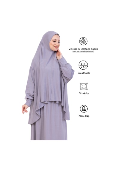 Modish Group İki Parça Namaz Elbisesi Uzun Pamuklu Tesettür Giyim Abaya & Başörtüsü Set Gri