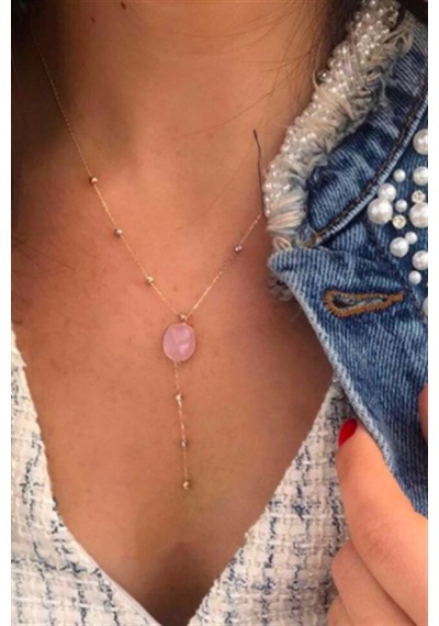Altın Dorika Toplu Pembe Taşlı Kolye