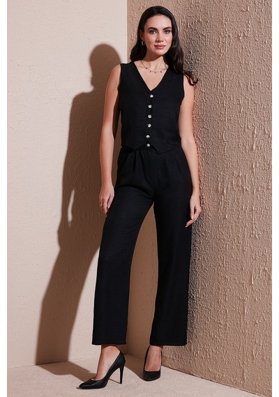 Lela Regular Fit Bol Paça Yelekli Bayan Takım 67045162S4 Siyah