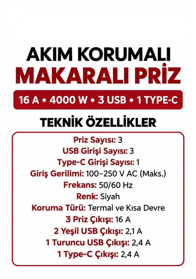 Akım Korumalı Makaralı Priz 2 Metre Kablo 3x Usb Çıkışı 1x Typ-c 3x Priz Açma Kapama Düğmesi 100-250v Ev Ofis