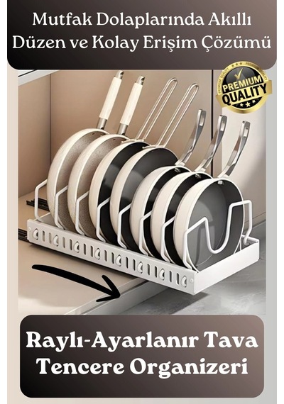 Organizer Çok Amaçlı Ayarlanabilir Mutfak Metal Beyaz Renk Teleskopik Raylı Tava Tencere Organizeri Çok Renkli
