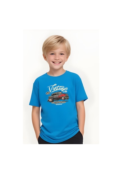 Fyk Kids Erkek Çocuk Yuvarlak Yaka İntage Car Baskılı T-shirt Mavi