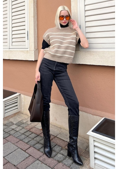 Madmext Vizon Çizgili Triko Süveter Mg2159 Vizon