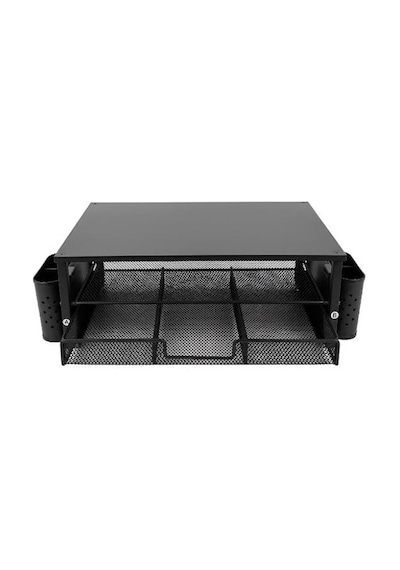 Tr Siyah Ahşap Üst Tablalı Metal Mesh Monitör Yükseltici Stand Çekmeceli Kalemlikli Masaüstü Organizer 9214