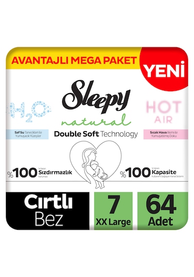 Sleepy Natural Double Soft Avantajlı Mega Paket Bebek Bezi 7 Numara Xxlarge 64 Adet
