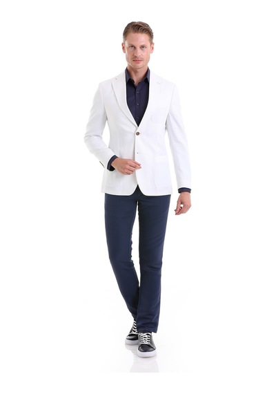 Hatemoğlu Beyaz Comfort Fit Düz Mono Yaka Casual Keten Ceket Beyaz